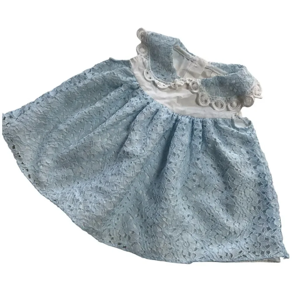 Dainty Vintage 1990s Baby Blue Lace Collared Pleated Two Tone Pearl Button Dress - Picture 1 of 6